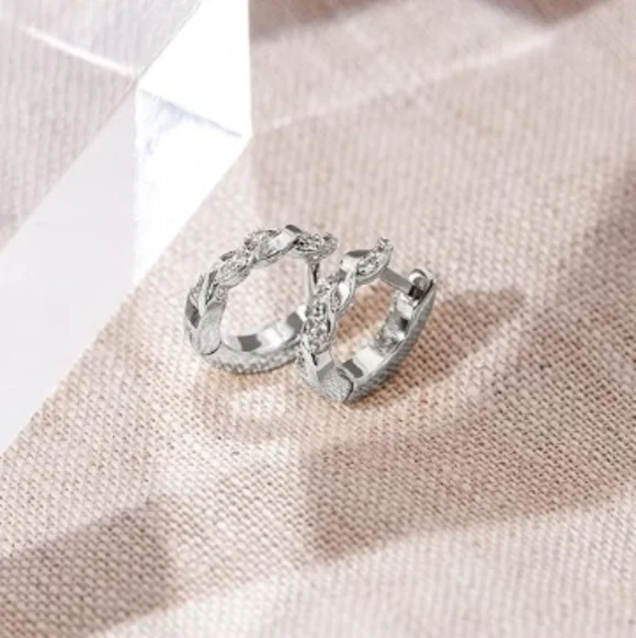 14K White Gold Plated Cubic Zirconia Huggie Hoop Twisted Earrings - Picture 4 of 5